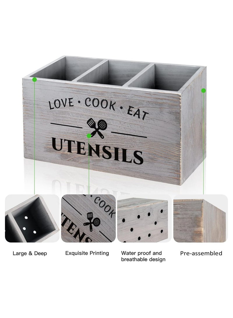 Cozy Nest Grey Wooden Utensil Holder for Kitchen Counter – Rustic 3 Compartment Sturdy Wood Organizer for Forks Spoons Spatulas – Farmhouse Style Countertop Storage Caddy for Cutlery & Cooking Tools - Image 5