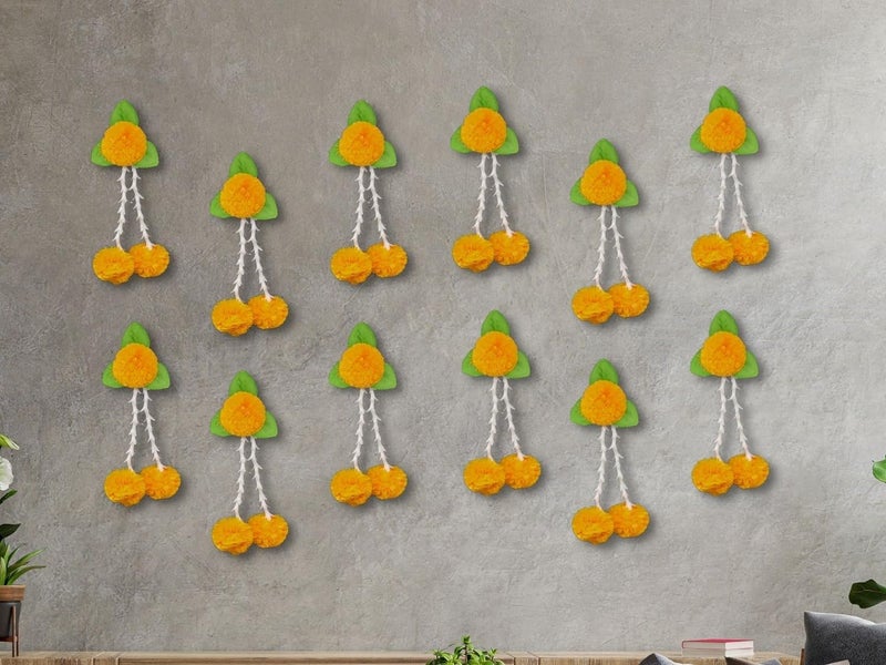 Craftomanic Artificial Flowers and Leaves Decoration Wedding Decorations Event Decor Perfect for Diwali Ganpati Pooja Temple Mandir Decoration Pack of 12 Orange Green - Image 3