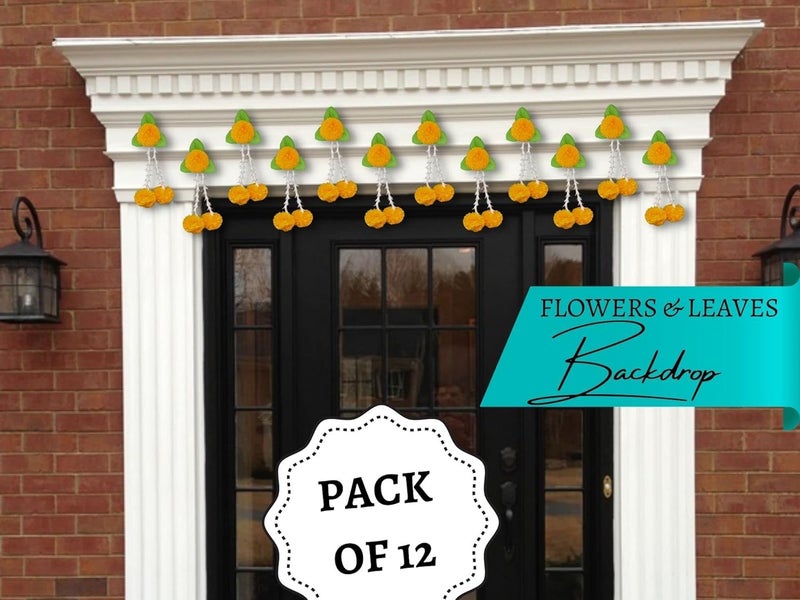 Craftomanic Artificial Flowers and Leaves Decoration Wedding Decorations Event Decor Perfect for Diwali Ganpati Pooja Temple Mandir Decoration Pack of 12 Orange Green - Image 4