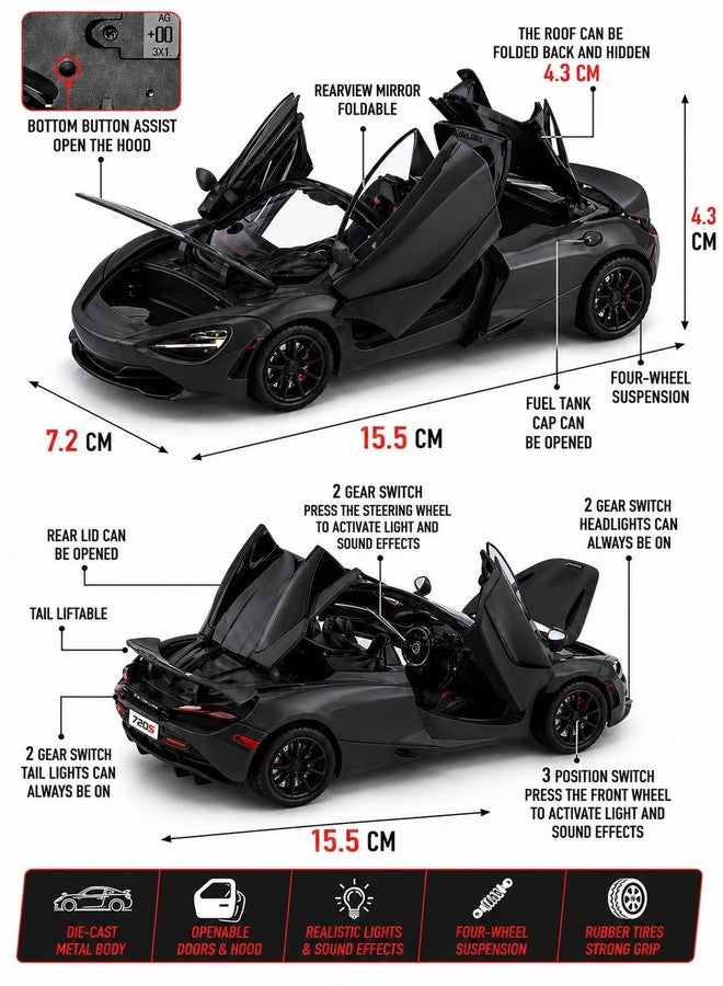 Mummy Please 1:32 Scale Die-Cast Metal【Colors as Per Stock】 with Openable Doors,Lights,Music and Pull Back Action【Pack of 1】 (Mcclaren 720S) - Image 2