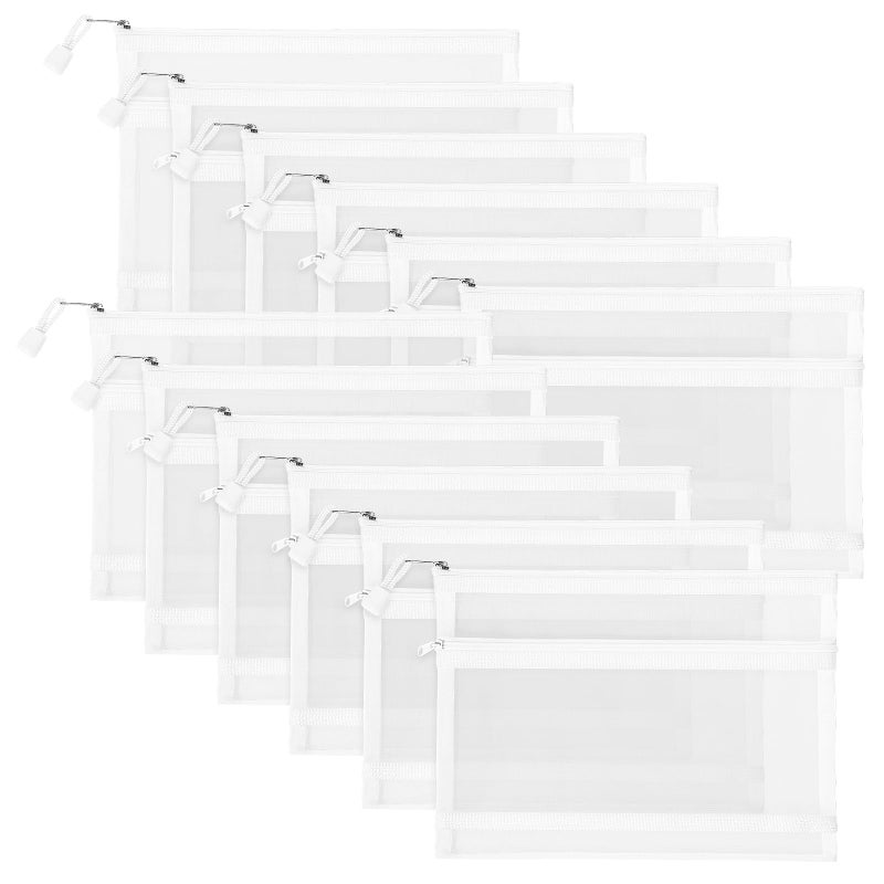 Sinzip 12 Pieces Zipper Nylon Mesh Pouch Mesh Cosmetic Bags Makeup Bags Pencil Case Multipurpose Travel Bags for Cosmetic School Office Supplies and Travel Accessories 2 LayersWhite A5 - Image 2