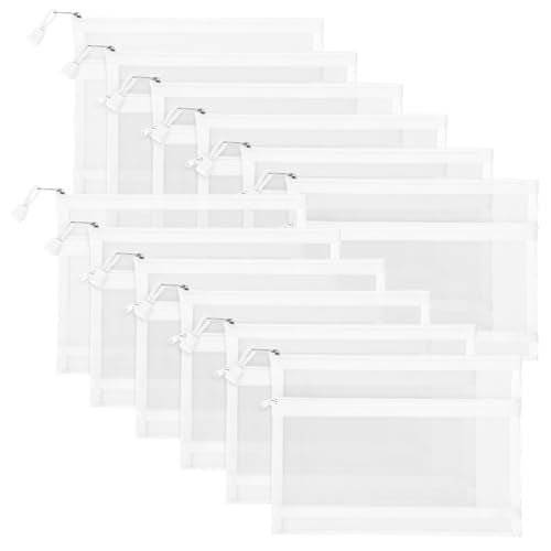 Sinzip 12 Pieces Zipper Nylon Mesh Pouch Mesh Cosmetic Bags Makeup Bags Pencil Case Multipurpose Travel Bags for Cosmetic School Office Supplies and Travel Accessories 2 LayersWhite A5 - Image 1