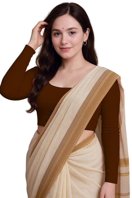 JOVO Readymade Cotton Fitted Saree Blouse for Women Full Sleeve Square Round U Neck Regular fit Stretchable Pullon Western Stylish Crop Top NJ17 1059 M BRN Brown - Image 1