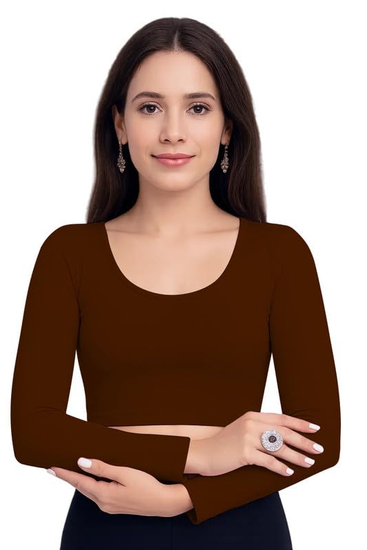 JOVO Readymade Cotton Fitted Saree Blouse for Women Full Sleeve Square Round U Neck Regular fit Stretchable Pullon Western Stylish Crop Top NJ17 1059 M BRN Brown - Image 4