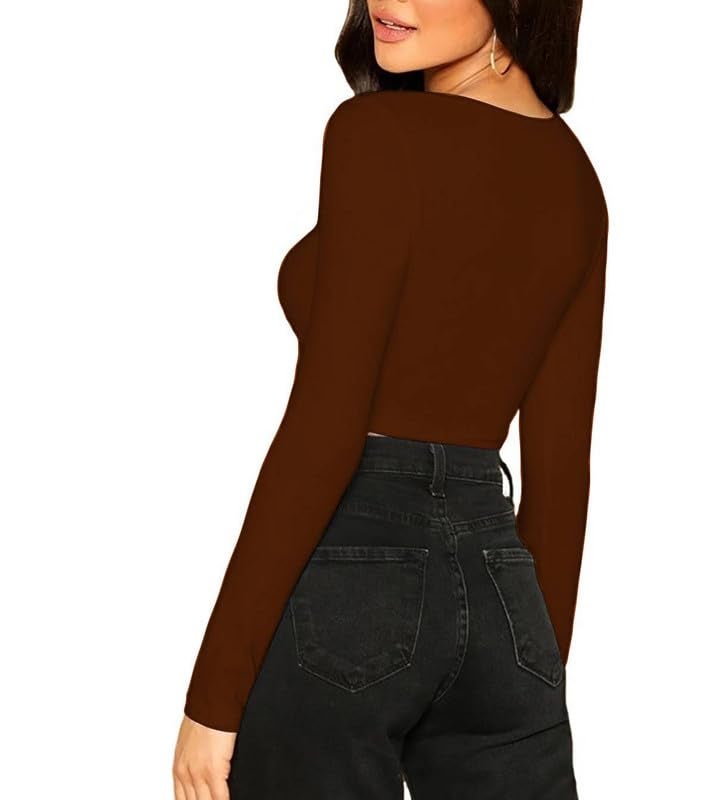 JOVO Readymade Cotton Fitted Saree Blouse for Women Full Sleeve Square Round U Neck Regular fit Stretchable Pullon Western Stylish Crop Top NJ17 1059 M BRN Brown - Image 2