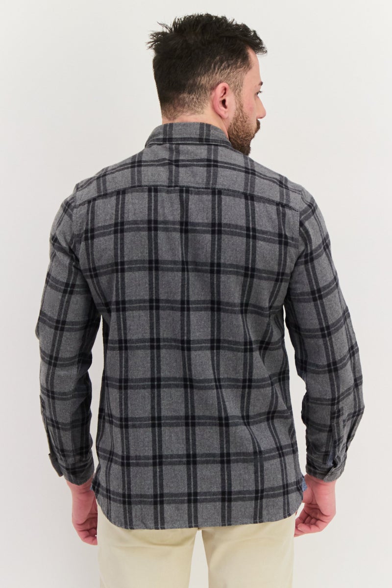 TRUE GRIT Men Regular Fit Plaid Long Sleeves Casual Shirt, Grey - Image 3