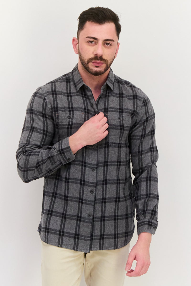 TRUE GRIT Men Regular Fit Plaid Long Sleeves Casual Shirt, Grey - Image 1
