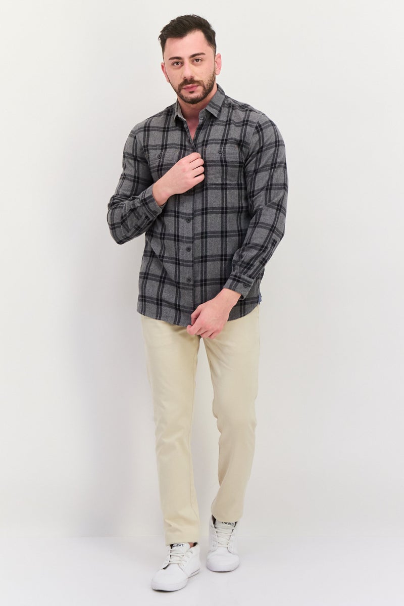 TRUE GRIT Men Regular Fit Plaid Long Sleeves Casual Shirt, Grey - Image 4