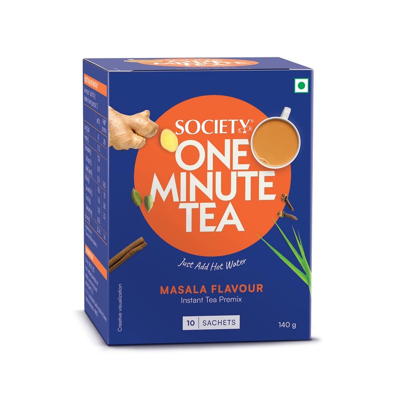 Society One Minute Tea | Masala Flavour | Made with Ginger, Clove, Black Pepper, Cinnamon | Masala Chai | Flavoured Instant Tea | 14g X 10 Sachets (140g) | Pack of 1 - Image 1