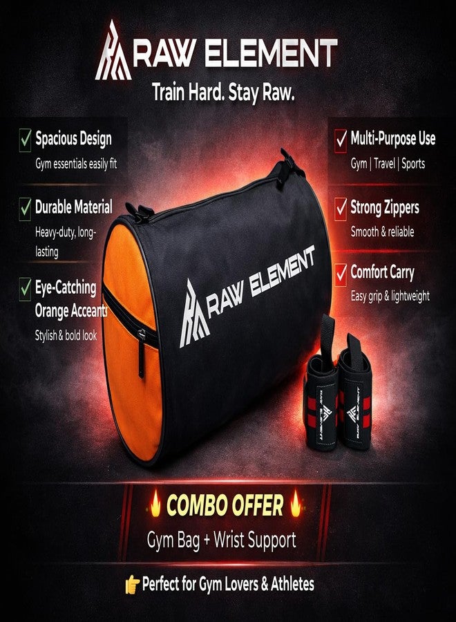 RAW ELEMENT Gym Duffle Bag with Wrist Support Combo | Spacious & Durable Sports Bag | Water Resistant Travel Gym Bag for Men & Women | Strong Zippers & Comfortable Carry (Black & Orange) - Image 3
