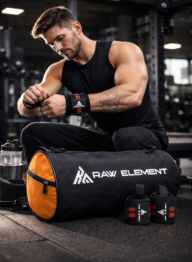 RAW ELEMENT Gym Duffle Bag with Wrist Support Combo | Spacious & Durable Sports Bag | Water Resistant Travel Gym Bag for Men & Women | Strong Zippers & Comfortable Carry (Black & Orange) - Image 4
