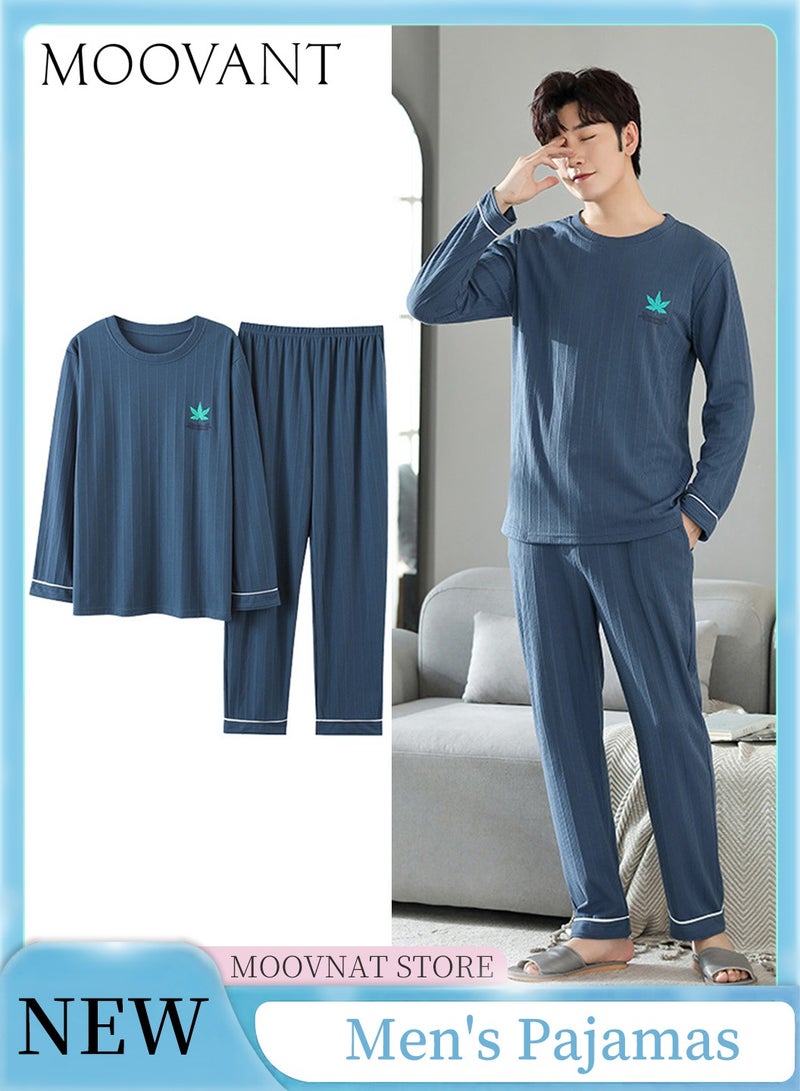 Moovant 2-Piece Men's Long-sleeved Pajamas Set, Simple Long Sleepwear Suit, Soft Skin-friendly Home Men Pyjamas Set, Loose Comfortable Loungewear, Deep Blue - Image 1