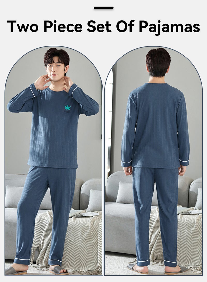Moovant 2-Piece Men's Long-sleeved Pajamas Set, Simple Long Sleepwear Suit, Soft Skin-friendly Home Men Pyjamas Set, Loose Comfortable Loungewear, Deep Blue - Image 4