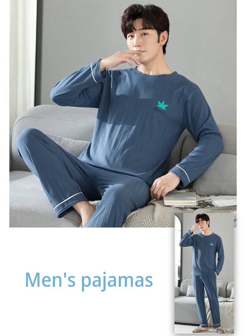 Moovant 2-Piece Men's Long-sleeved Pajamas Set, Simple Long Sleepwear Suit, Soft Skin-friendly Home Men Pyjamas Set, Loose Comfortable Loungewear, Deep Blue - Image 2