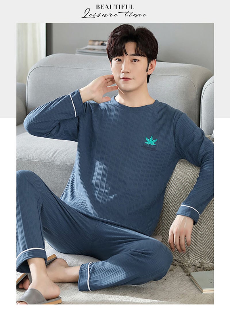 Moovant 2-Piece Men's Long-sleeved Pajamas Set, Simple Long Sleepwear Suit, Soft Skin-friendly Home Men Pyjamas Set, Loose Comfortable Loungewear, Deep Blue - Image 5