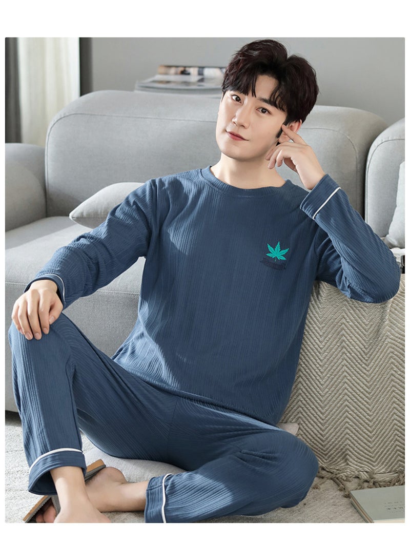 Moovant 2-Piece Men's Long-sleeved Pajamas Set, Simple Long Sleepwear Suit, Soft Skin-friendly Home Men Pyjamas Set, Loose Comfortable Loungewear, Deep Blue - Image 3