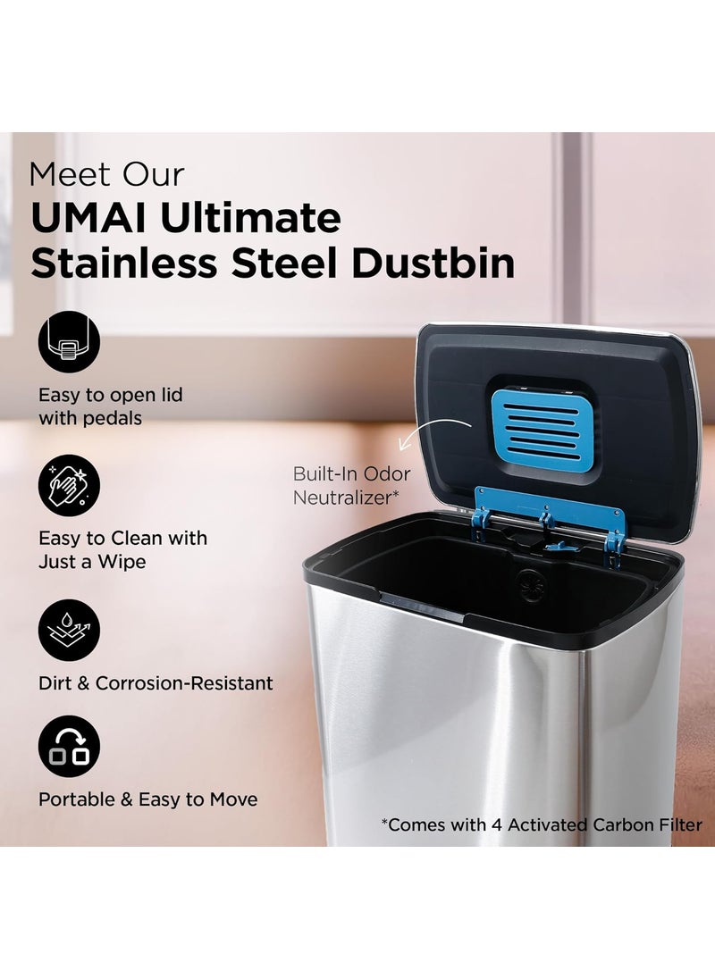 Umai UMAI Stainless Steel Dustbin With Lid 30 L Dustbin For Kitchen Pedal Dustbin With Inner Bucket Dustbin For Bathroom Dustbin For Bedroom Activated Carbon Filters Silver  - Image 2