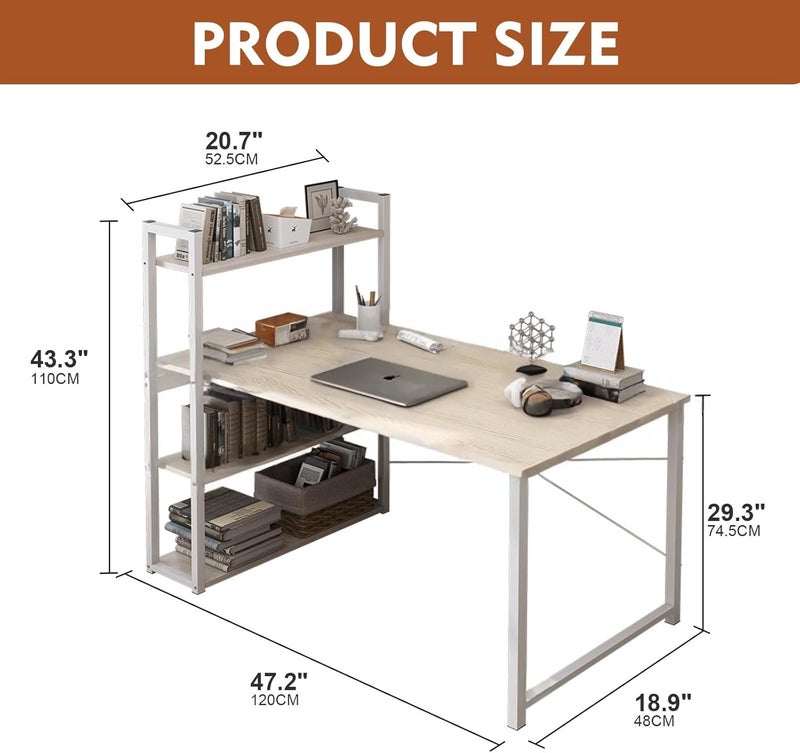 SKY-TOUCH Computer Desk With Shelves,120X48Cm Writing Desk With Storage Bookshelf Reversible Study Table Office Corner Desk With Shelves Home Office Desk With Bookshelf Easy Assemble - Image 3