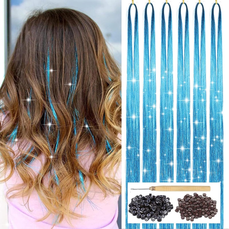 YOOONXI Sky Blue Hair Tinsel Kit with Tool 6pcs 1200 Strands Glitter Tinsel Hair Extensions Heat Resistant Sparkling Shiny Fairy Hair Accessories for Women Girls Kids 47Inch