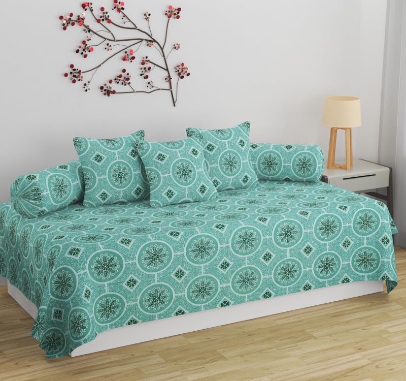 SHOMES Pure Soft Cotton Printed Diwan Set Covers 6 Pieces - 1 Single Bed Sheet (60 X 90) with 3 Cushion (16 X 16), 2 Bolster Covers (16 X 32) - (Green, Medium) - Image 1