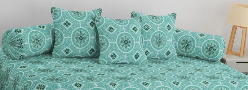 SHOMES Pure Soft Cotton Printed Diwan Set Covers 6 Pieces - 1 Single Bed Sheet (60 X 90) with 3 Cushion (16 X 16), 2 Bolster Covers (16 X 32) - (Green, Medium) - Image 2