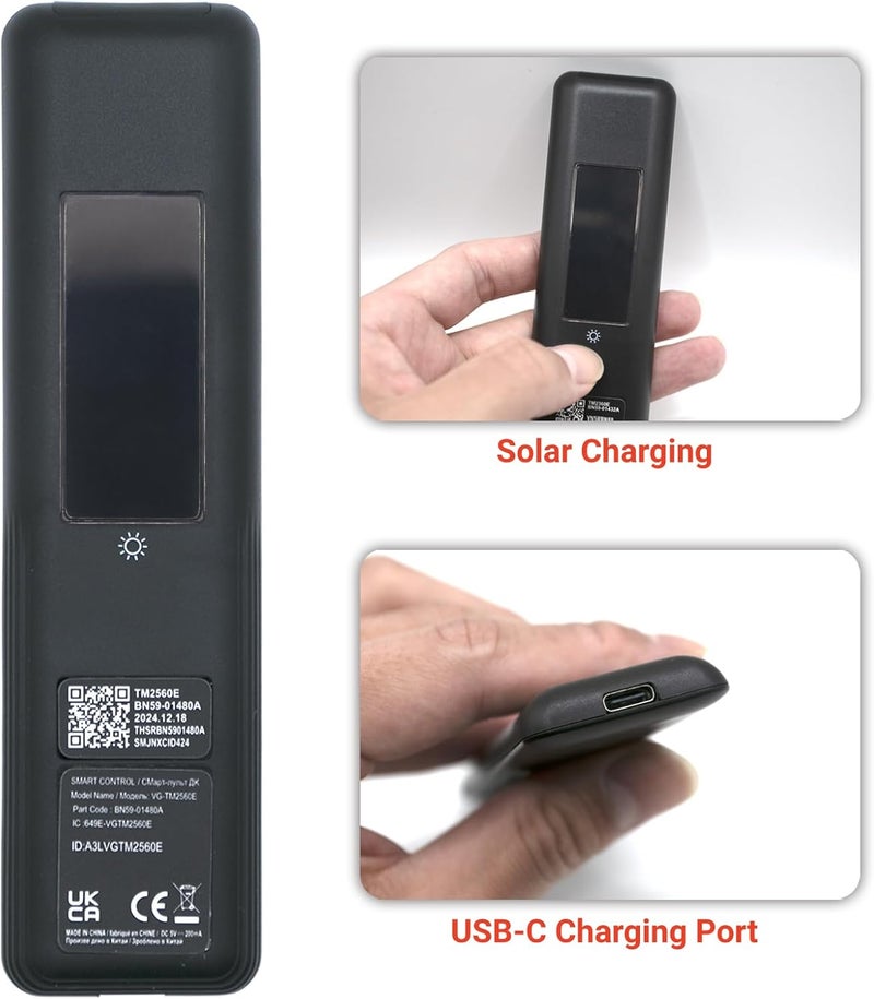 ARCSTILL New BN59-01480A TM2360E Solar Smart AI Voice Remote, USB-C Rechargeable Bluetooth Remote Control with Solar Charging Compatible with Samsung 2023-2025 Neo QLED 8K Smart TVs, HDR Ultra HD - Black - Image 5