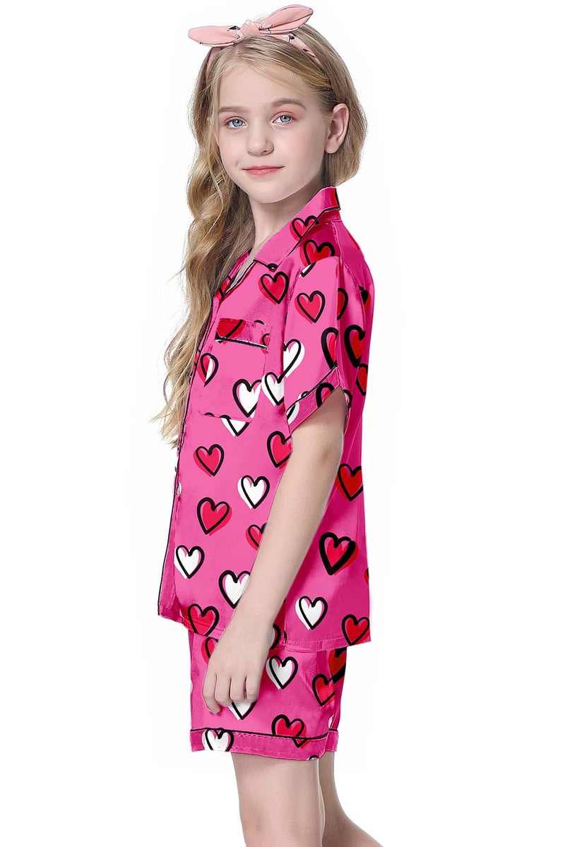 Schbbbta Girls Satin Pajamas Set Short Sleeve Button Down Shirts Shorts Sleepwear 2 Piece Silky PJ Sets, Heart Hot Pink, 11-12 Years = Tag 160 - Image 3