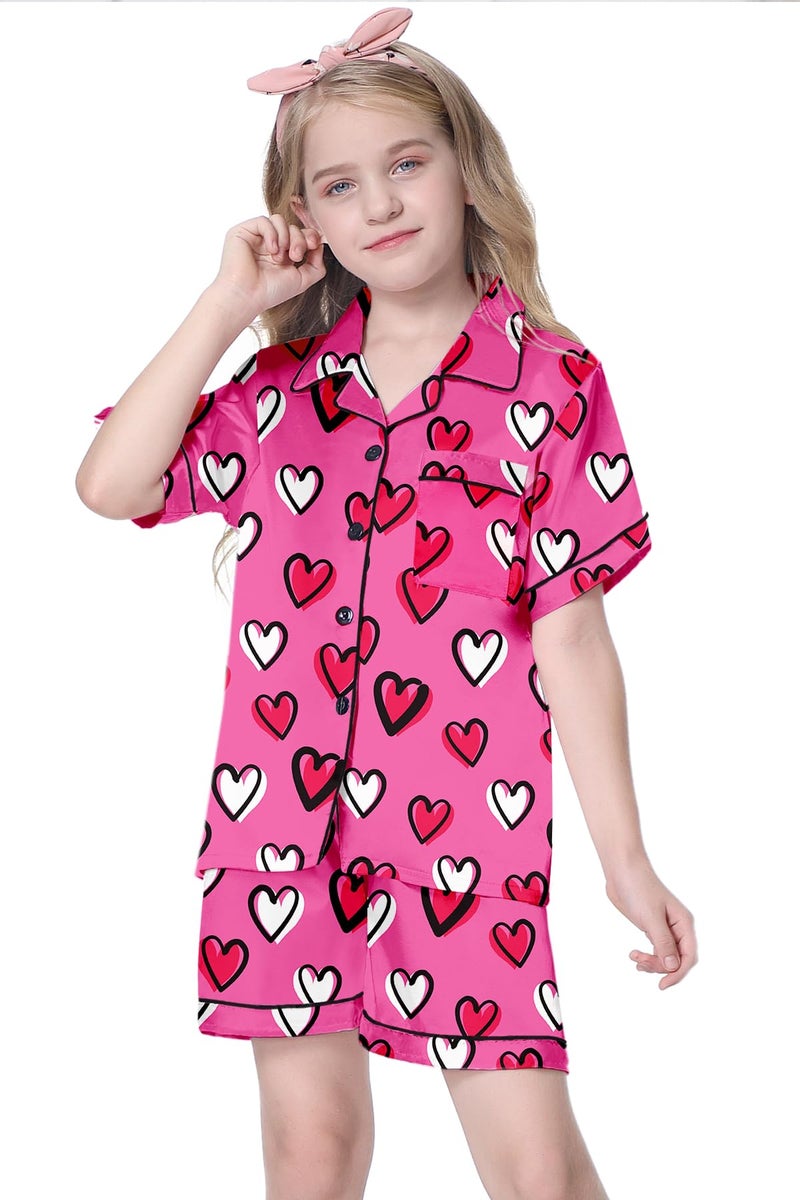 Schbbbta Girls Satin Pajamas Set Short Sleeve Button Down Shirts Shorts Sleepwear 2 Piece Silky PJ Sets, Heart Hot Pink, 11-12 Years = Tag 160 - Image 2