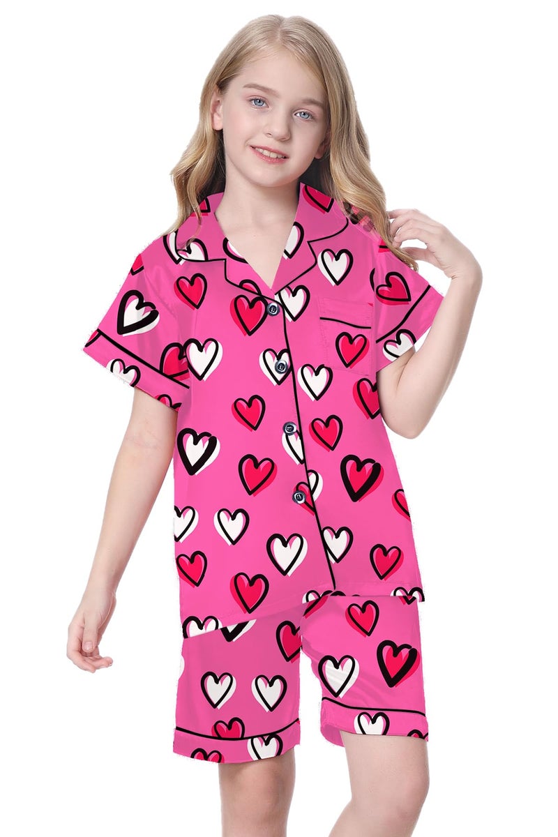 Schbbbta Girls Satin Pajamas Set Short Sleeve Button Down Shirts Shorts Sleepwear 2 Piece Silky PJ Sets, Heart Hot Pink, 11-12 Years = Tag 160 - Image 4