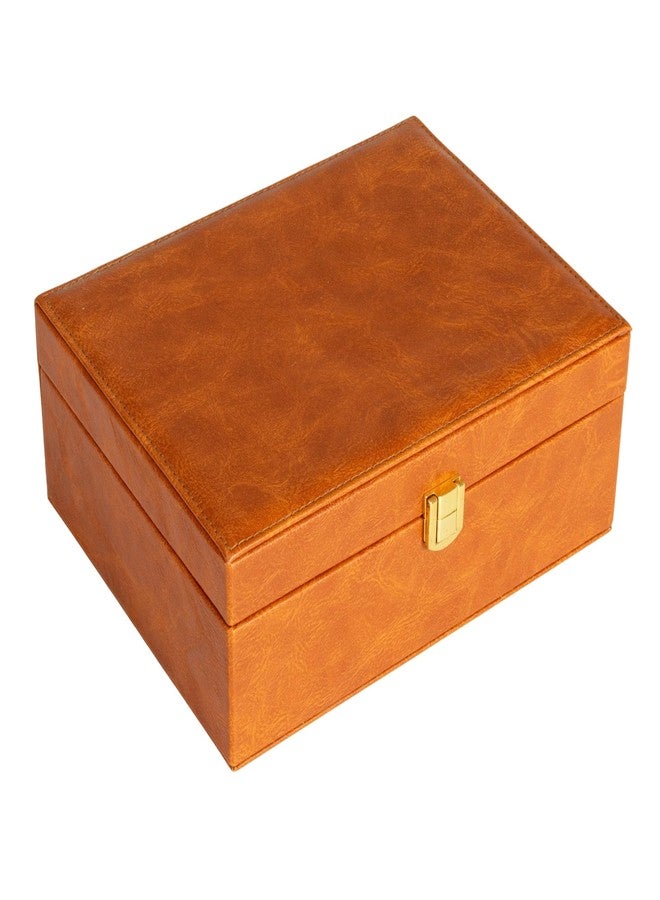 Household Essentials Vegan Leather 2-Layer Jewelry Organizer Box with Clasp Closure, Caramel Color - Image 1