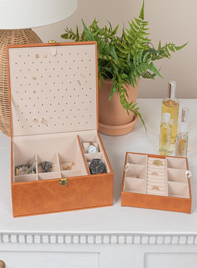 Household Essentials Vegan Leather 2-Layer Jewelry Organizer Box with Clasp Closure, Caramel Color - Image 4