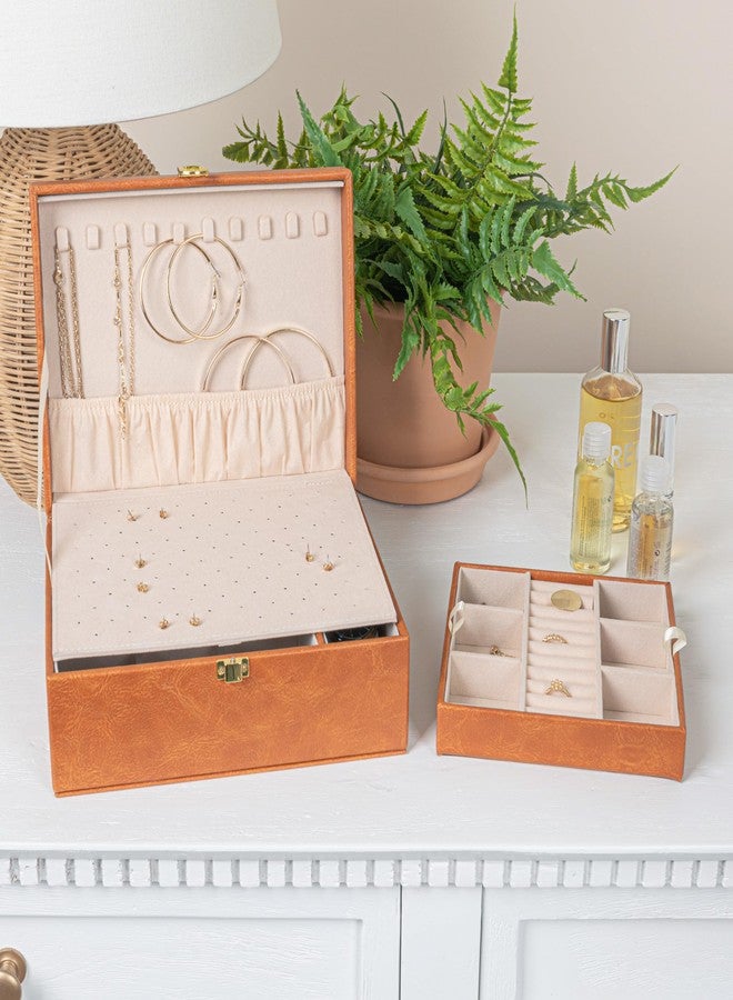 Household Essentials Vegan Leather 2-Layer Jewelry Organizer Box with Clasp Closure, Caramel Color - Image 3