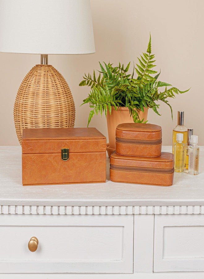 Household Essentials Vegan Leather 2-Layer Jewelry Organizer Box with Clasp Closure, Caramel Color - Image 5