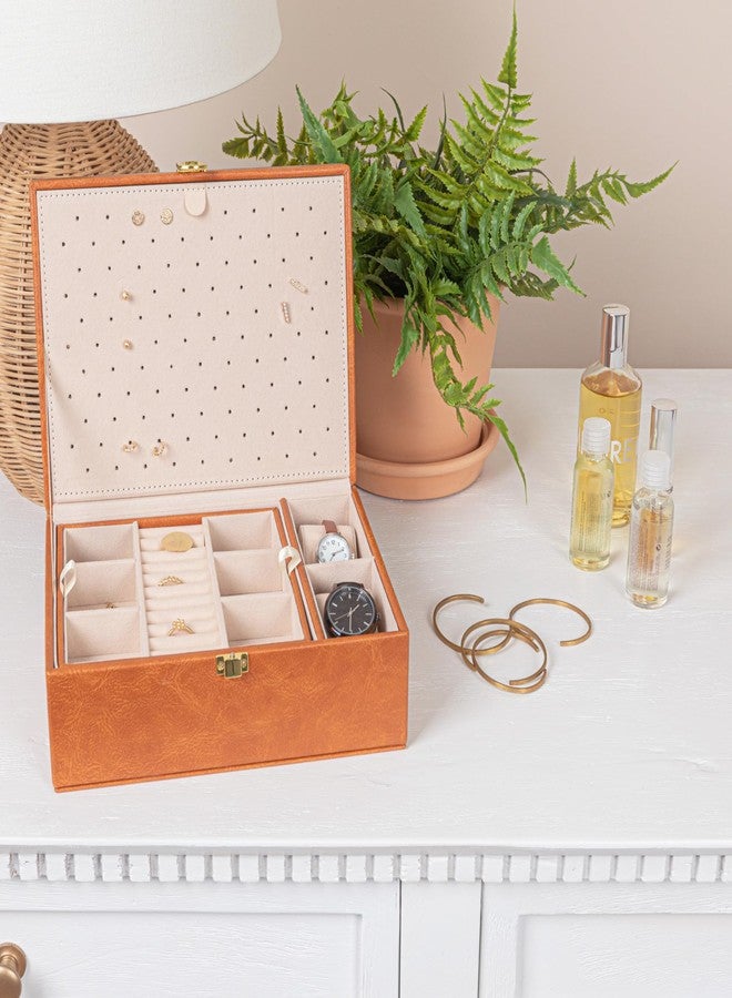 Household Essentials Vegan Leather 2-Layer Jewelry Organizer Box with Clasp Closure, Caramel Color - Image 2