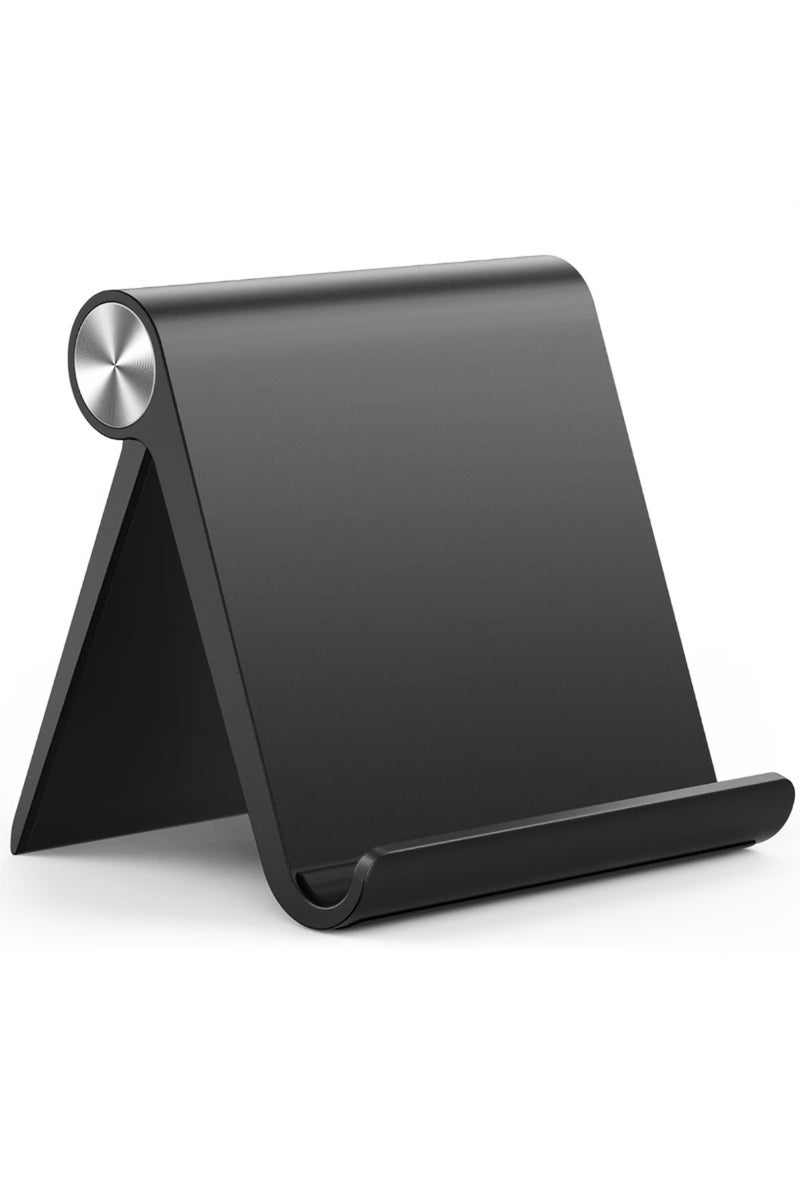 حامل هاتف لوحي محمول قابل للتعديل باللون الأسود - قاعدة مكتبية قابلة للطي مع مشبك ثابت، مصنوع من مادة البولي بروبيلين المتينة