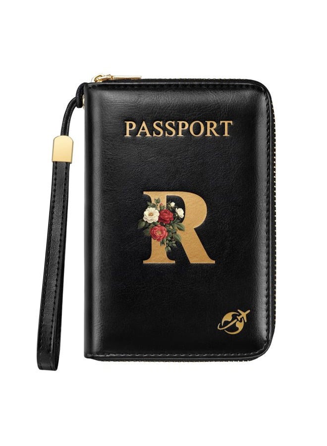 Simikol Passport Wallet with Zipper Personalized Passport Holder Initial Letter Rose Flower RFID Blocking Travel Wallets Credit Cards Holder for Women Men, R - Image 1