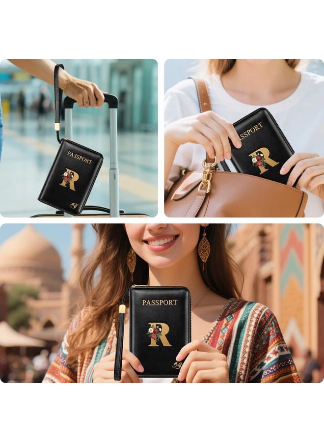 Simikol Passport Wallet with Zipper Personalized Passport Holder Initial Letter Rose Flower RFID Blocking Travel Wallets Credit Cards Holder for Women Men, R - Image 3