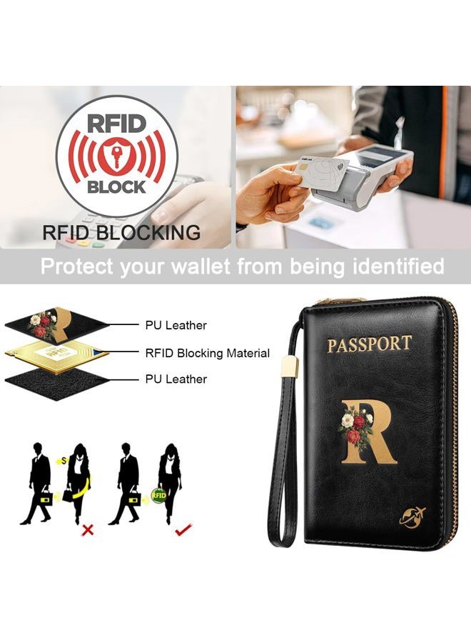 Simikol Passport Wallet with Zipper Personalized Passport Holder Initial Letter Rose Flower RFID Blocking Travel Wallets Credit Cards Holder for Women Men, R - Image 5