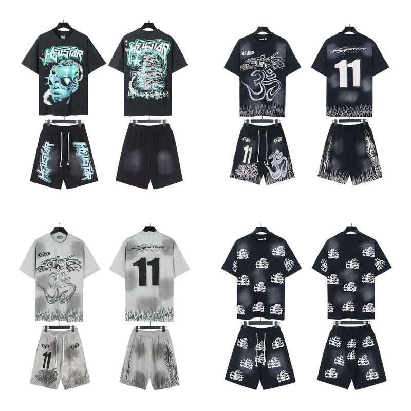 American Trendy Brand Hell Star Washed And Distressed Letters Loose Youth Short-Sleeved Street Sports Suit For Men And Women - Image 2
