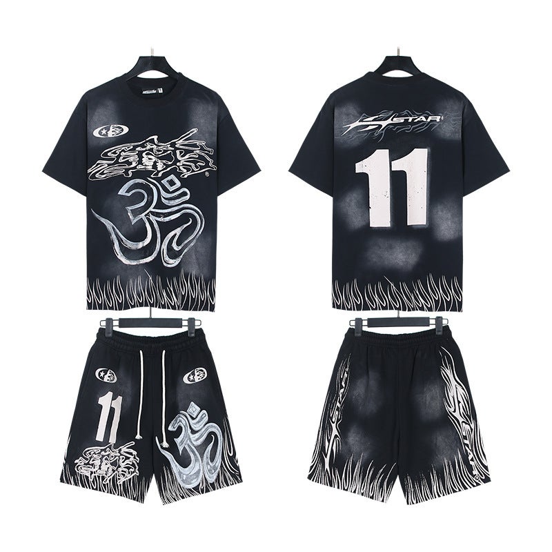 American Trendy Brand Hell Star Washed And Distressed Letters Loose Youth Short-Sleeved Street Sports Suit For Men And Women - Image 5