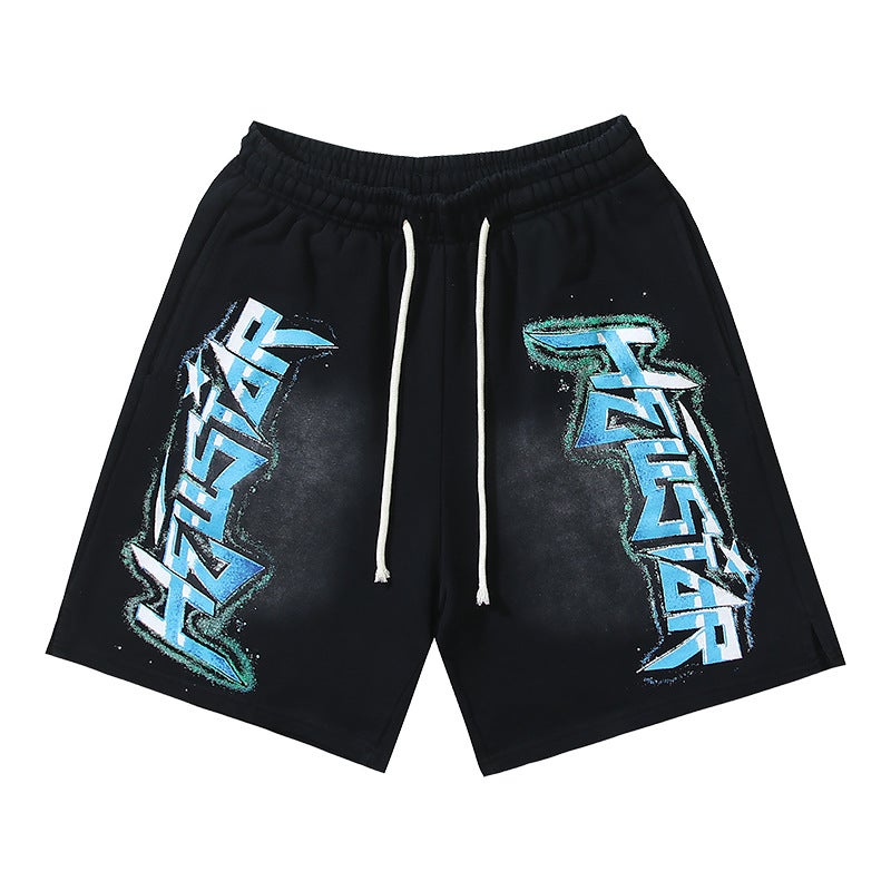 American Trendy Brand Hell Star Washed And Distressed Letters Loose Youth Short-Sleeved Street Sports Suit For Men And Women - Image 1