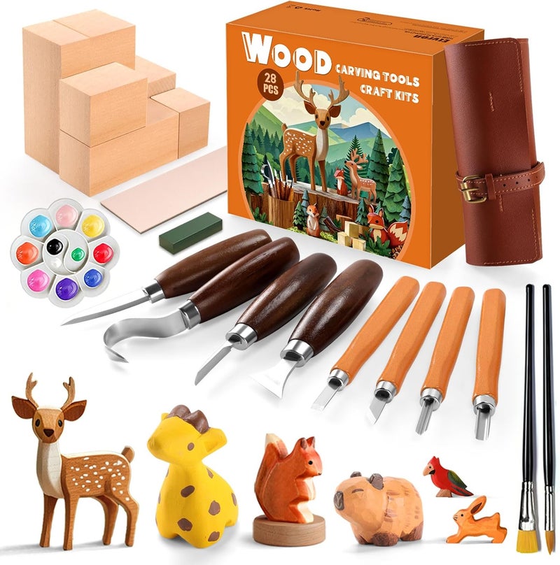 Etvron Wood Carving Kit for Beginners - Wood Carving Tools with Wood Carving Knife and Acrylic Paints - Christmas Gift Ideas - Arts and Crafts for Adults & Kids - Christmas Gift for Men&Women - Image 1