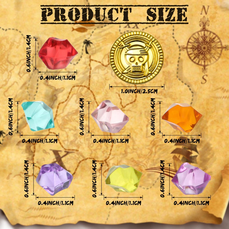 Hanaive 150 Pcs Plastic Pirate Gold Coins Acrylic Colored Gems Fake Gems Buried Treasure Pirate Party Decorations for Halloween Adventure Themed Event Birthday Party Props Decor (Retro Style,Gold) - Image 2