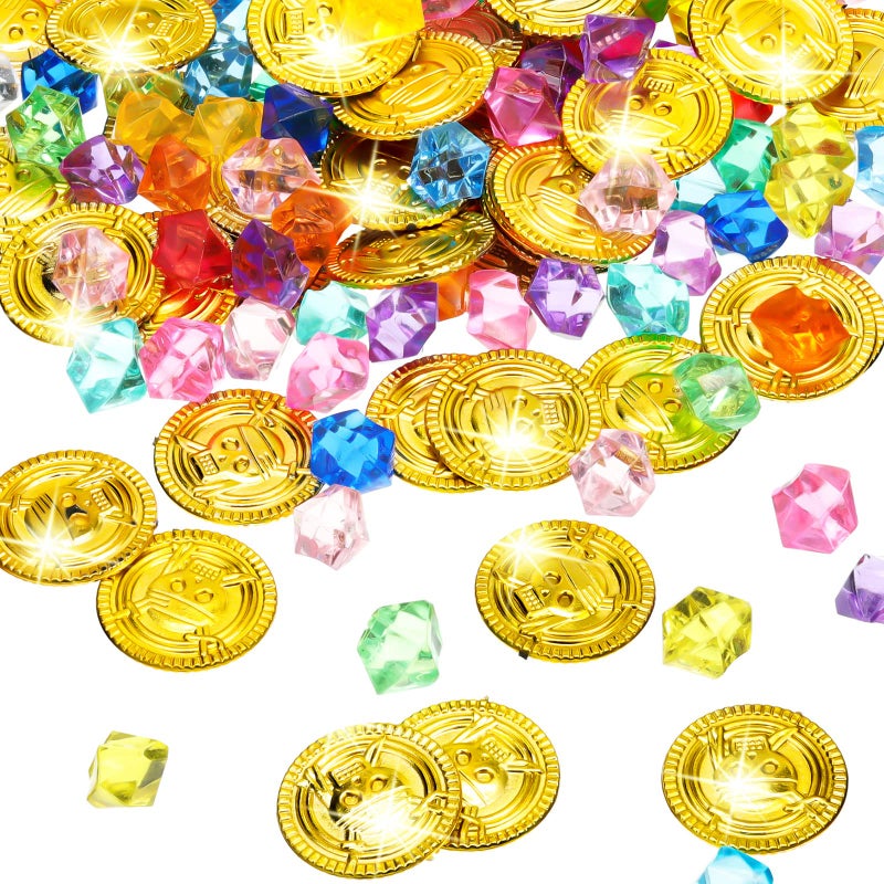 Hanaive 150 Pcs Plastic Pirate Gold Coins Acrylic Colored Gems Fake Gems Buried Treasure Pirate Party Decorations for Halloween Adventure Themed Event Birthday Party Props Decor (Retro Style,Gold) - Image 1