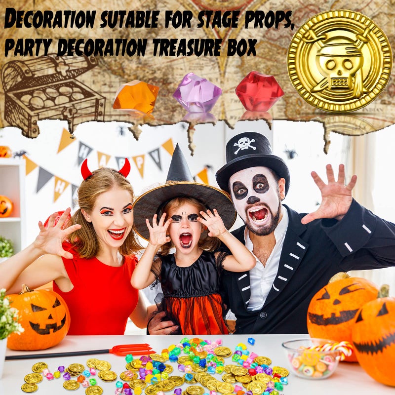 Hanaive 150 Pcs Plastic Pirate Gold Coins Acrylic Colored Gems Fake Gems Buried Treasure Pirate Party Decorations for Halloween Adventure Themed Event Birthday Party Props Decor (Retro Style,Gold) - Image 4