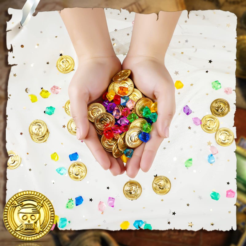 Hanaive 150 Pcs Plastic Pirate Gold Coins Acrylic Colored Gems Fake Gems Buried Treasure Pirate Party Decorations for Halloween Adventure Themed Event Birthday Party Props Decor (Retro Style,Gold) - Image 3
