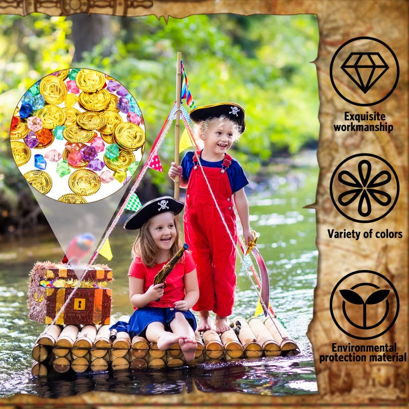 Hanaive 150 Pcs Plastic Pirate Gold Coins Acrylic Colored Gems Fake Gems Buried Treasure Pirate Party Decorations for Halloween Adventure Themed Event Birthday Party Props Decor (Retro Style,Gold) - Image 5