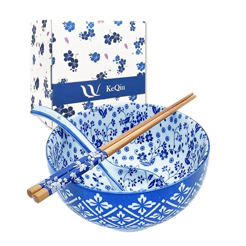 KeQiu Japanese 28 Oz Ceramic Ramen Noodle Soup Cereal Pho Rice Salad Bowl Set with Chopsticks and Spoons, Premium Gift Set for House Warming, Birthday, Holiday, Microwave Safe, Dishwasher Safe - Image 1