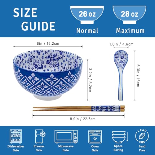 KeQiu Japanese 28 Oz Ceramic Ramen Noodle Soup Cereal Pho Rice Salad Bowl Set with Chopsticks and Spoons, Premium Gift Set for House Warming, Birthday, Holiday, Microwave Safe, Dishwasher Safe - Image 2