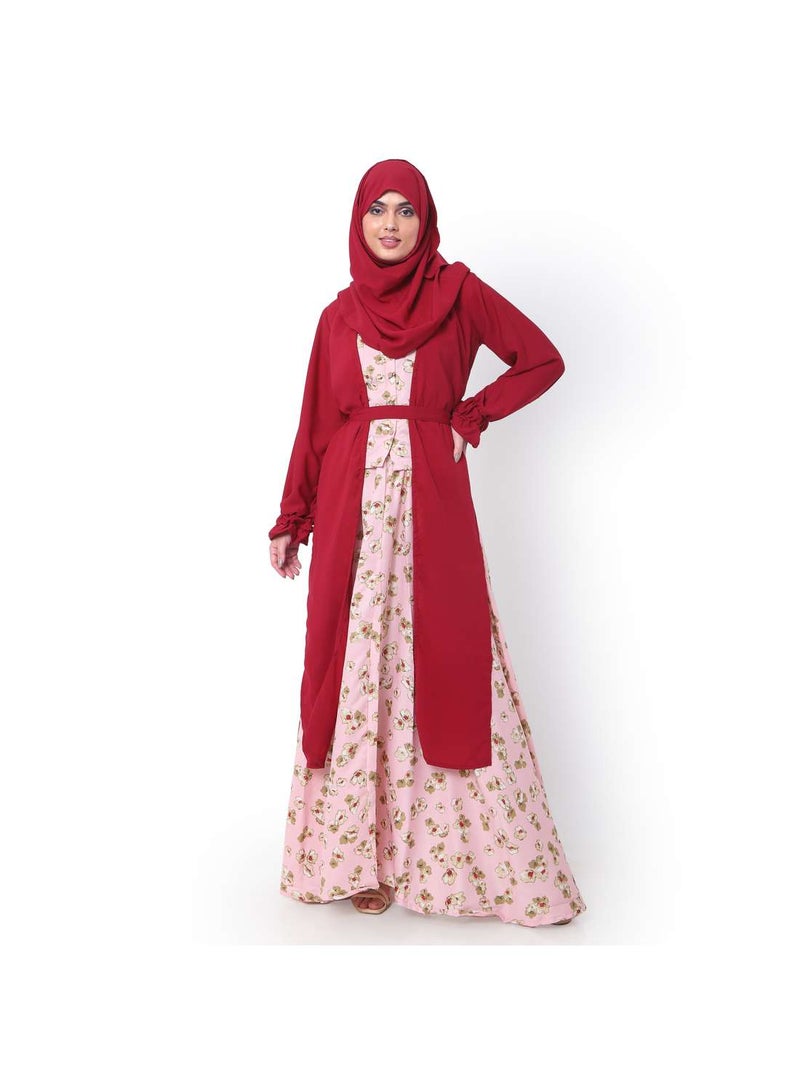HANA & SARA MODEST PRINTED DRESS WITH SOLID COLOUR LONG JACKET AND BELT STYLISH ARABIC KAFTAN JALABIYA - Image 1
